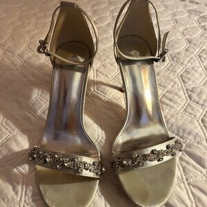Elegant Silver Satin Rhinestone Ankle Strap Heels